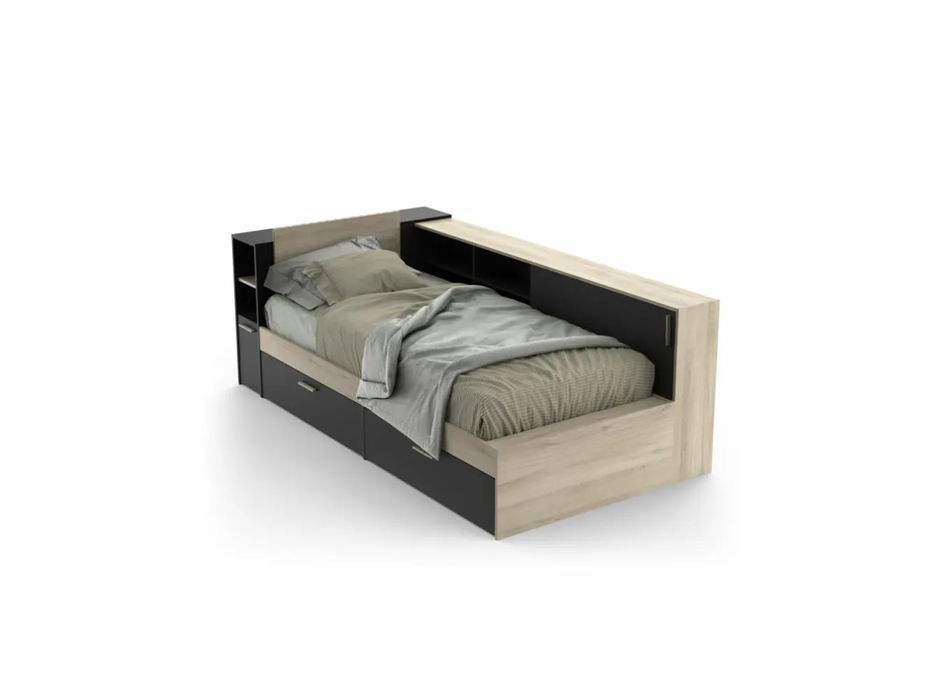 Bed Life 90x190/200cm - decor - kronberg eik & zwart met opbergruimte