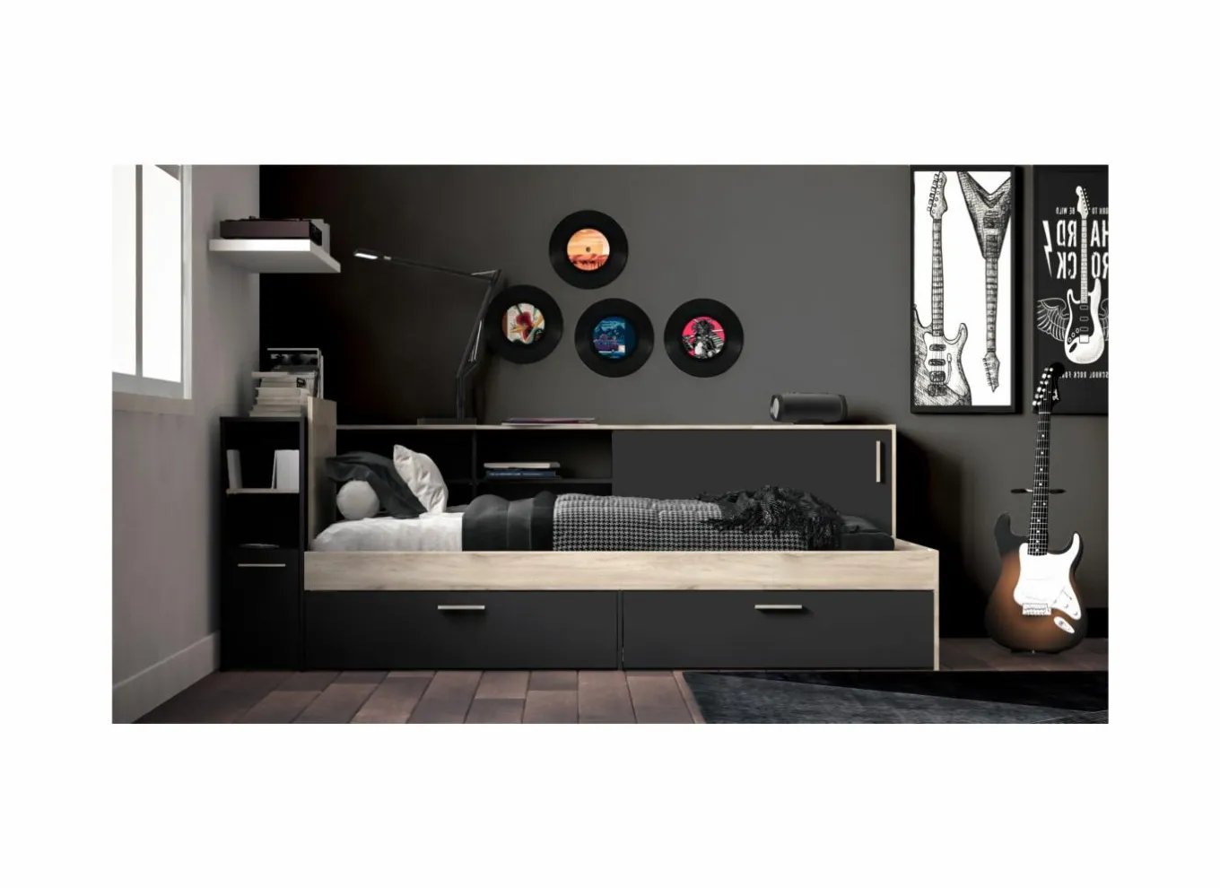 Bed Life 90x190/200cm - decor - kronberg eik & zwart met opbergruimte