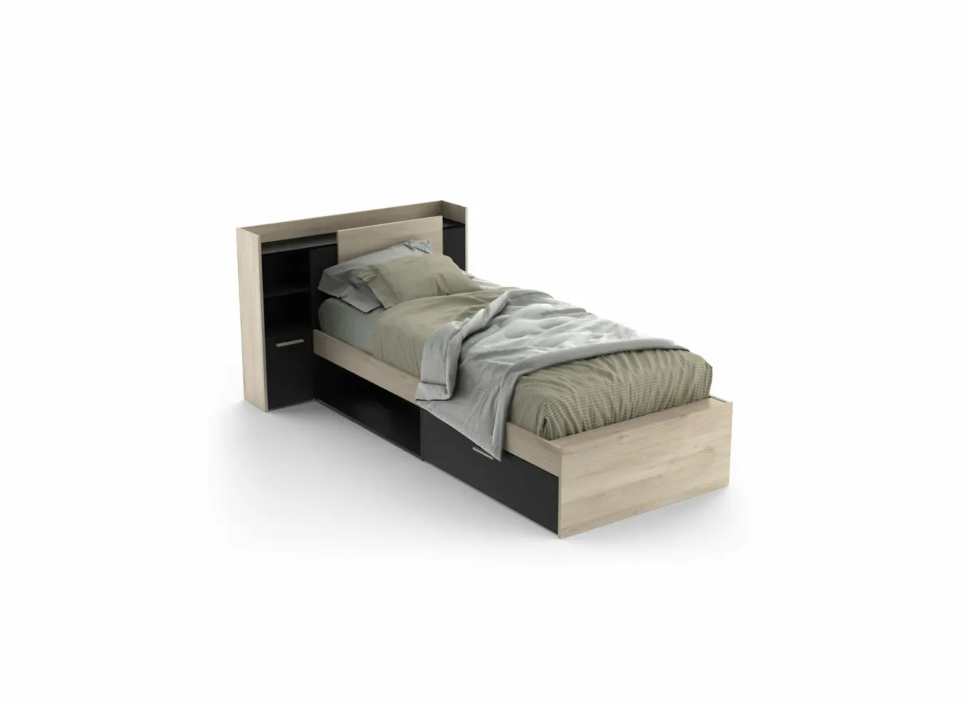 Bed Life 90x190/200cm - decor - kronberg eik & zwart met opbergruimte