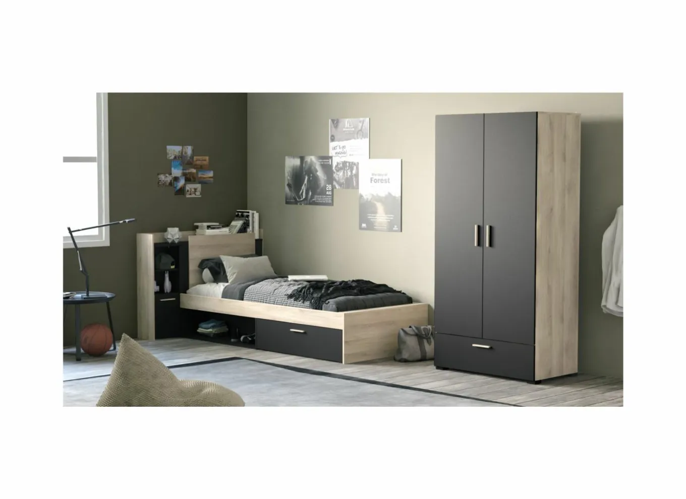 Bed Life 90x190/200cm - decor - kronberg eik & zwart met opbergruimte