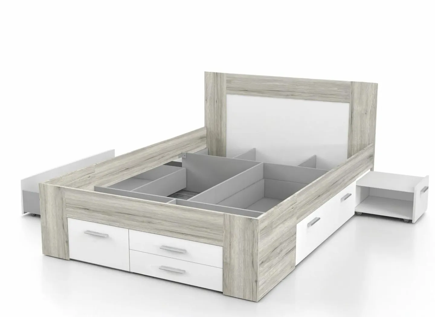 Bed Udine 140x200cm - decor - zand eik & wit met opbergruimte