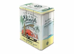 Bewaardoos Volkswagen Bulli Beach 11x14x20cm - metaal - wit & rood