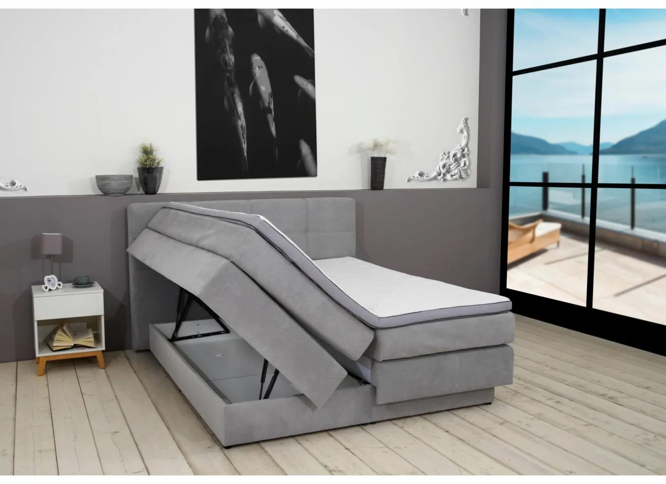 Boxspring BX2110 Portage 180x200cm - stof - lichtgrijs met opbergruimte