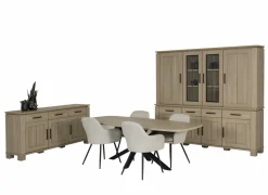 Eetkamer Alba met 4 stoelen Casimir - tafel 225x100cm - dressoir 199cm & dressoir 233cm met opzetstuk