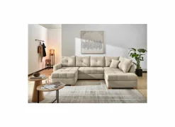 Hoeksalon Abby 311x170cm - stof - beige met bedfunctie