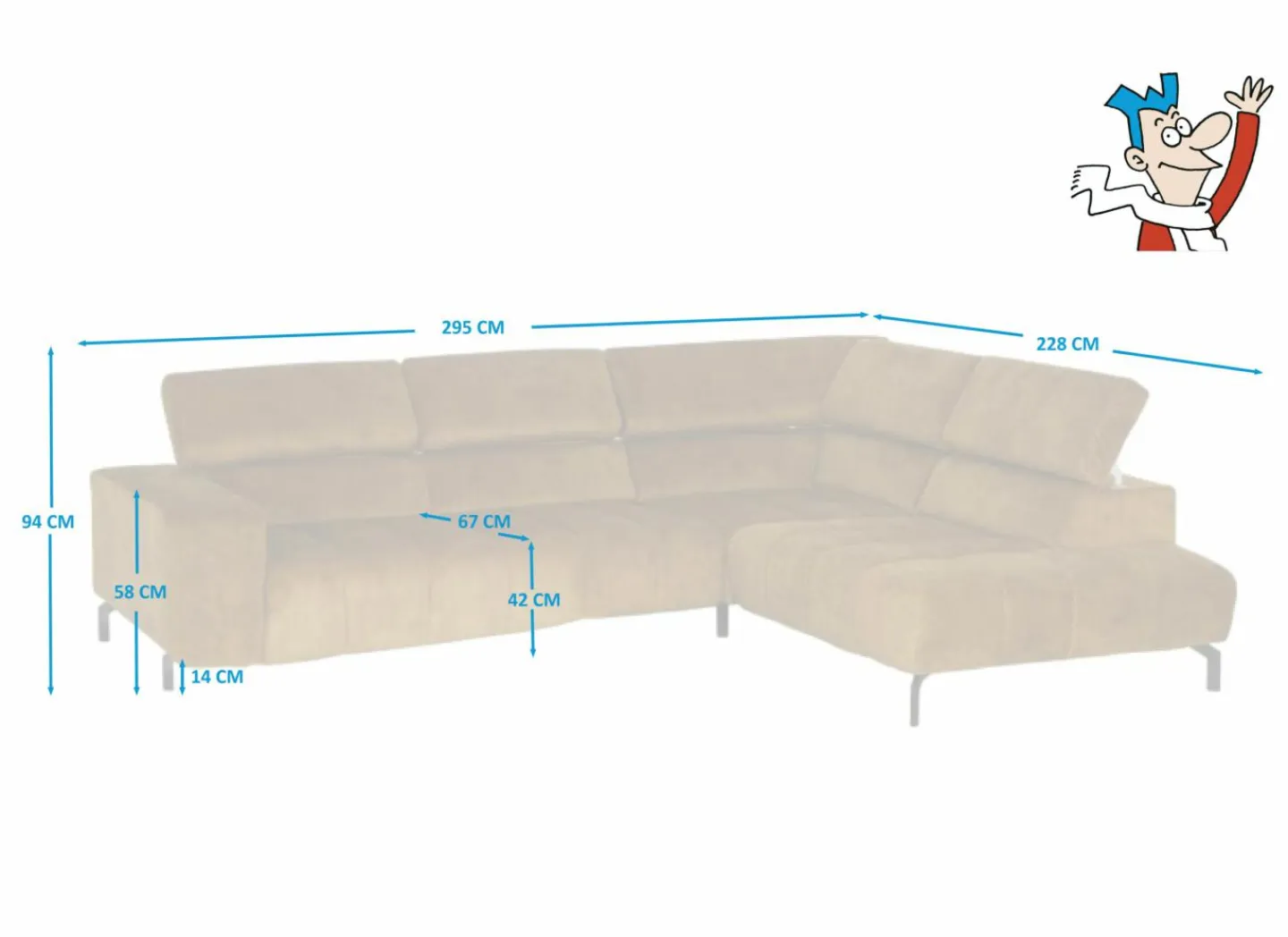 Hoeksalon Message-S 295x228cm - stof - goud met poef