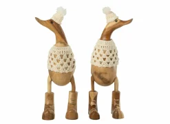 J line Kerstdecoratie Eend Crochet 2 stks 11x10x28cm - albasiahout - naturel & wit