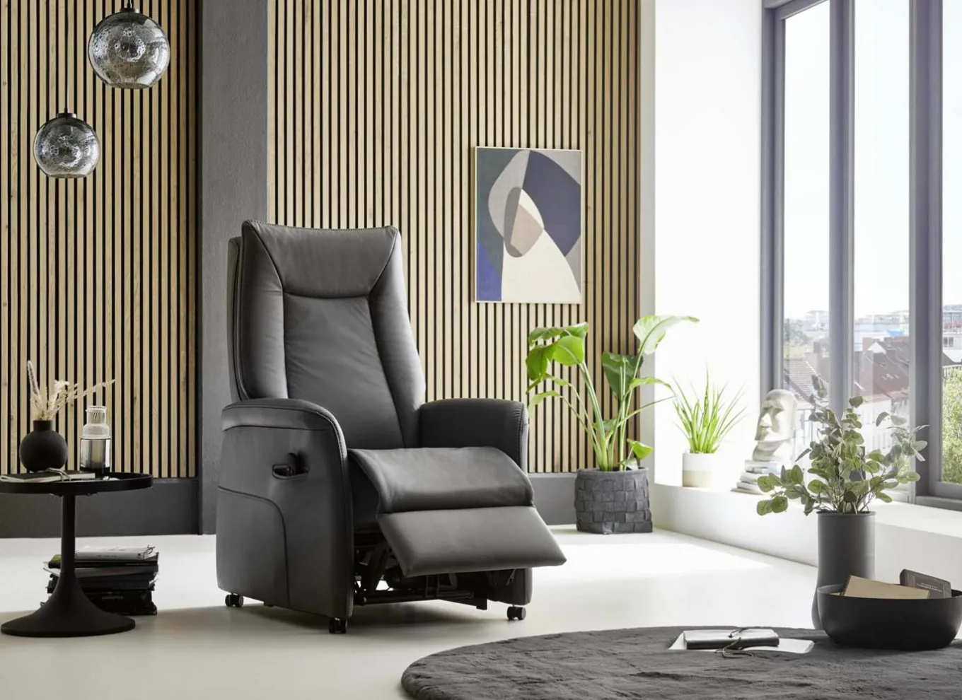 Relaxzetel Hukla elektrisch - leder - antraciet met 2 motoren & extra lange beensteun