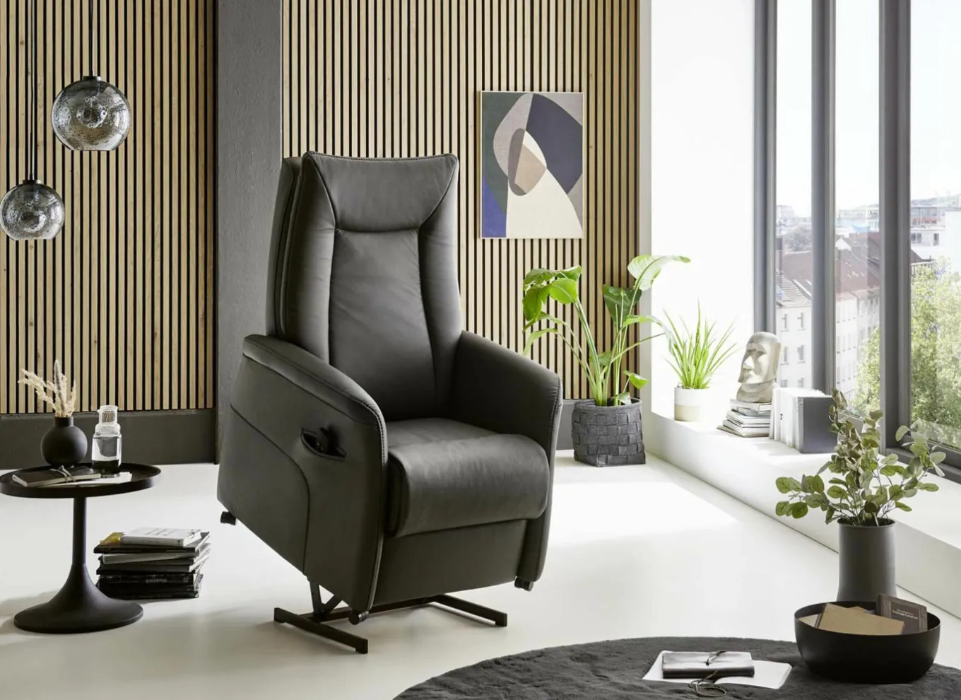 Relaxzetel Hukla elektrisch - leder - antraciet met 2 motoren & extra lange beensteun