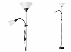 Brilliant Staande lamp met leeslamp Spari H180cm E27 & E14 - aluminium & kunststof - zwart & wit glas