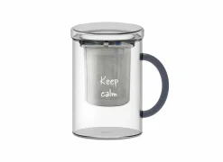 Theeglas Keep Calm 42cl - glas & RVS - transparant & blauw